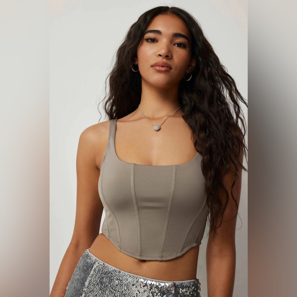 A.C.W. Taupe Corset Bustier Crop Top Square Neck Y2K Size S